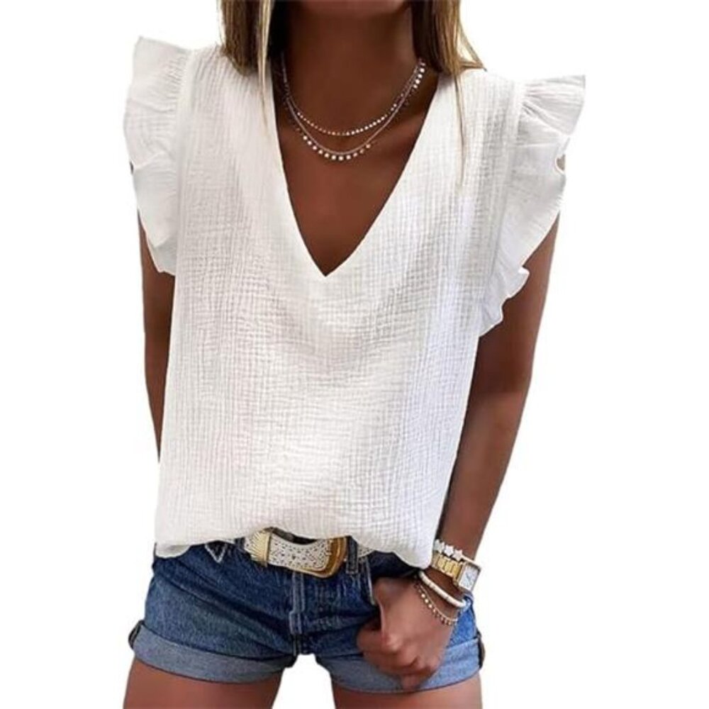 Womens 2024 Cute V Neck Ruffle Sleeveless Shirts Elegant Tank Tops Blouses